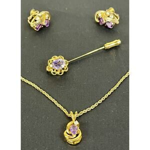Purple Amethyst Rhinestone Pendant 17" Necklace And Earrings Set